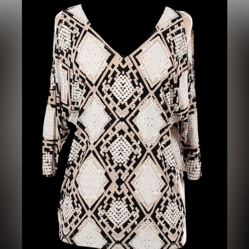 INC Cold Shoulder V-Neck Top with Gold Detailing, Size XL